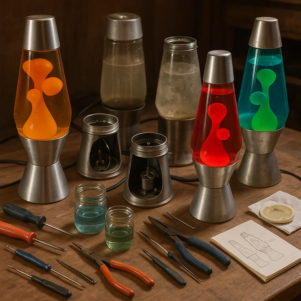a collection of vintage Mathmos lava lamps in various states of repair, arranged on a workbench with tools nearby
