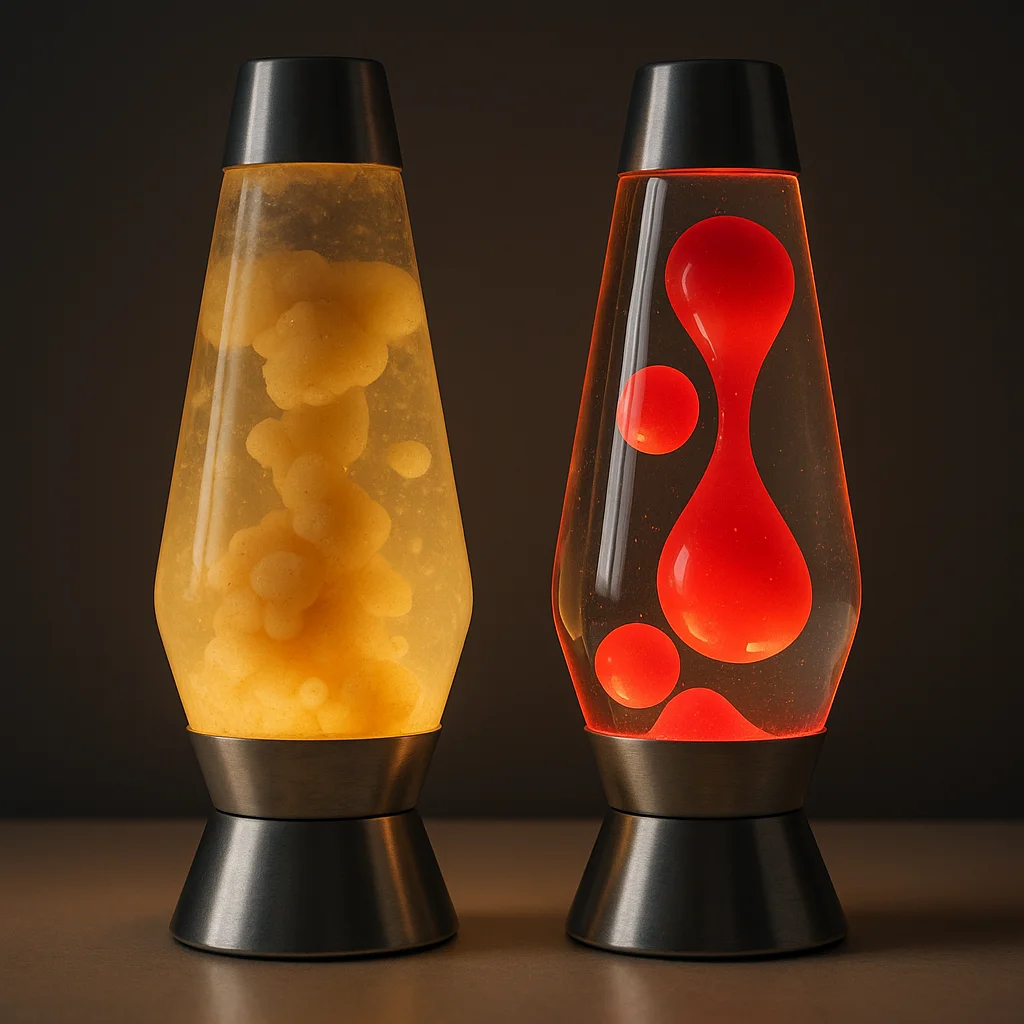 Side-by-side comparison of a heavily clouded lava lamp globe next to a successfully restored clear one