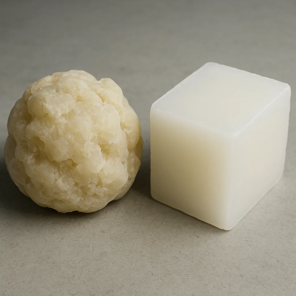 Side-by-side comparison of degraded original wax compound next to a fresh paraffin wax block, on a neutral workshop surface