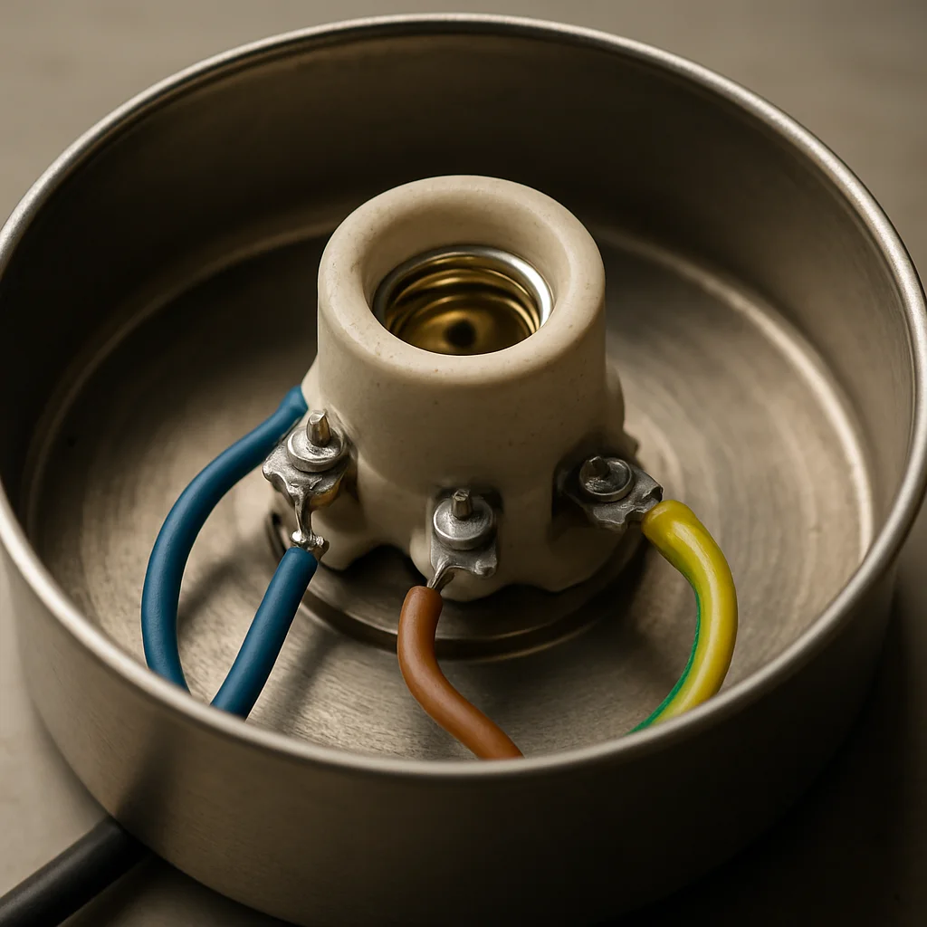 Close-up of a Mathmos lava lamp base showing bulb socket and wiring connections