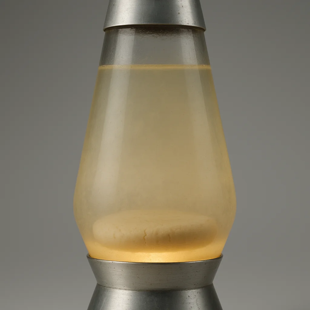 Close-up of a Mathmos lamp with visibly cloudy fluid and a flat wax disc at the base, showing classic 