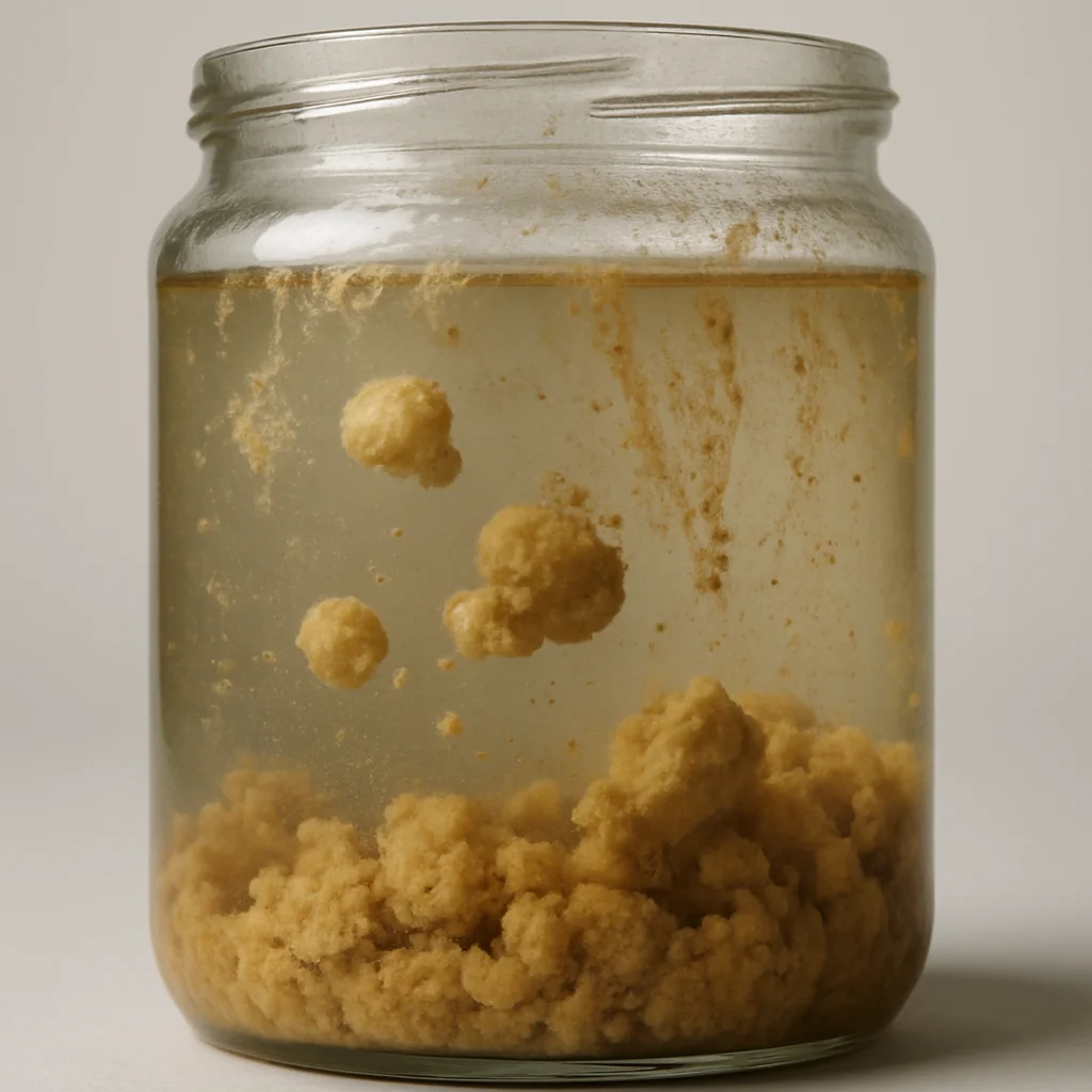 Close-up of degraded lava lamp fluid in a clear jar, showing cloudy water and separated, clumped wax — illustrating what 