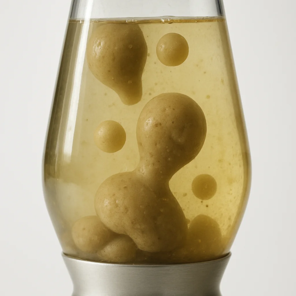close-up of a Mathmos lamp with visibly cloudy, discoloured fluid against a light background, showing separation between wax globules and murky liquid