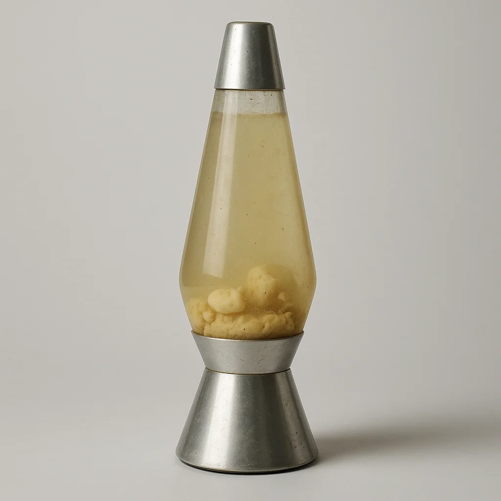 A cloudy, non-functioning Mathmos Astro lava lamp on a plain background, showing separated wax and discoloured fluid