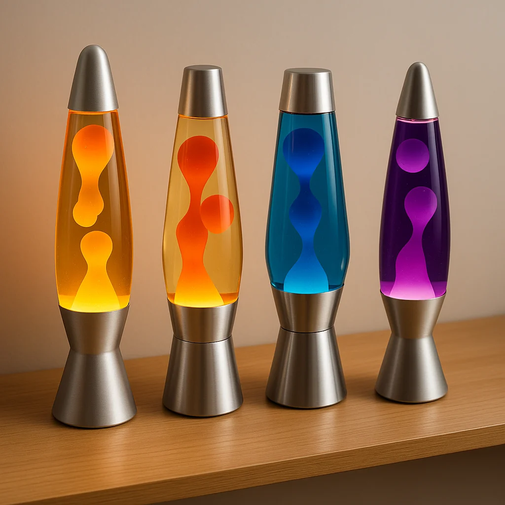 A flat-lay or shelf photograph showing three or four different Mathmos lamp generations side by side, illustrating the visual evolution from the classic Astro shape through to later designs